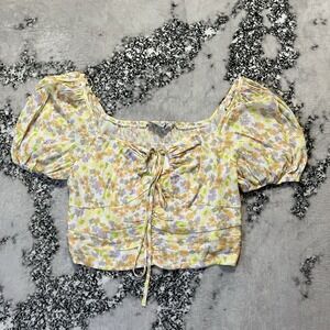 Sophie Rue Top Womens Sz L Yellow floral smocked crop puff short‎ sleeve